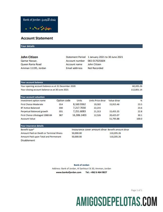 Extrato bancário do Jordan Bank Of Jordan para impressão, modelo fácil de preencher em formato de arquivo .xls e .pdf